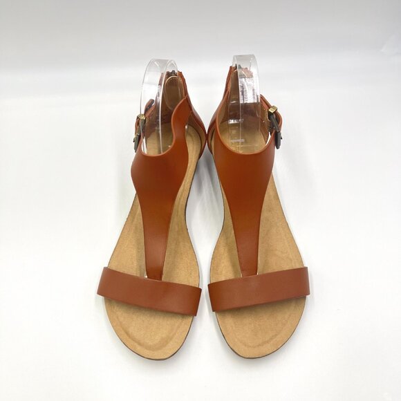 Kenneth Cole Reaction Great Gal Cognac Brown T-Strap Low Wedges Sandals Shoes - Picture 3 of 13
